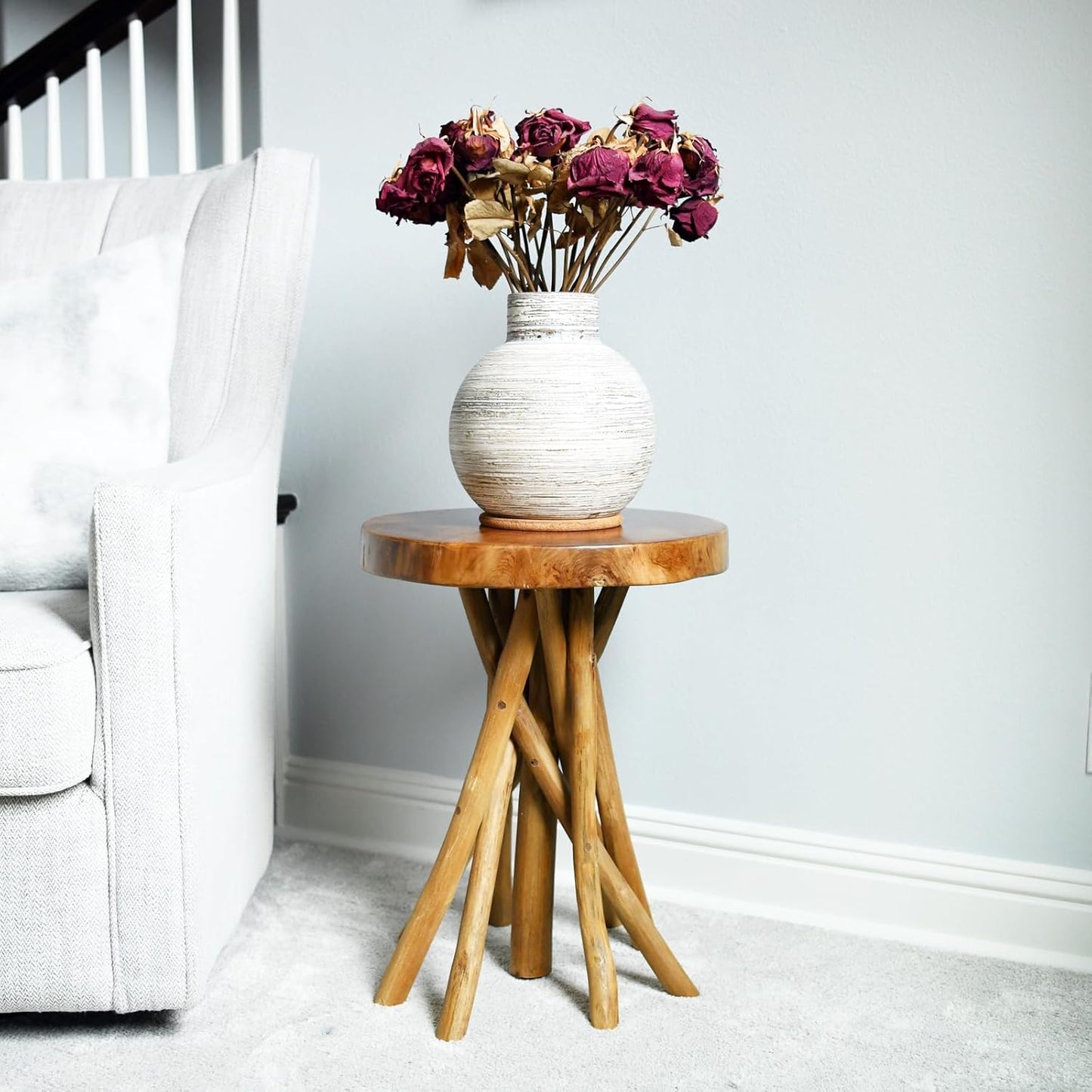 WELLAND Teak Wood Stick Leg End Table, 16" L x 16" W x 20" H Rustic Side Table, Small Accent Table, Plant Stand for Living Room, Bedroom, Home Office