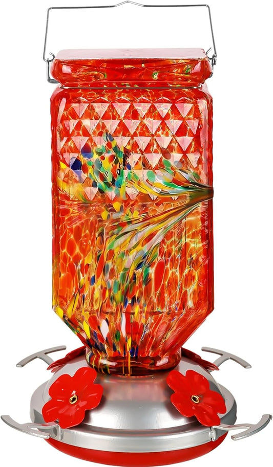 Hand Blown Glass Hummingbird Feeder for Outdoors Hanging Square Chaning Color 38 OZ Humming Birds Feeders with Accessories Gift for Women Mom (Red)