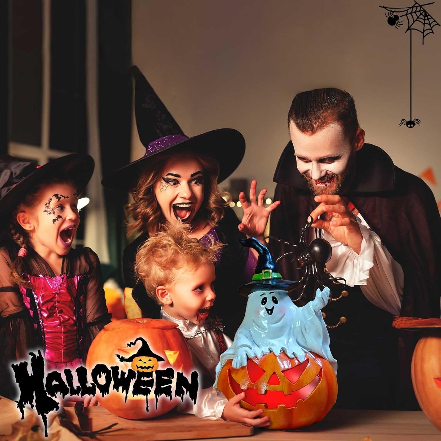 Ghost Halloween Decorations Outdoor with Solar LED Lights, Cute Spooky Ghost Jack-O-Lantern Pumpkin Figurines, Color Changing Halloween Decor Outside for Yard Porch Garden Lawn Party