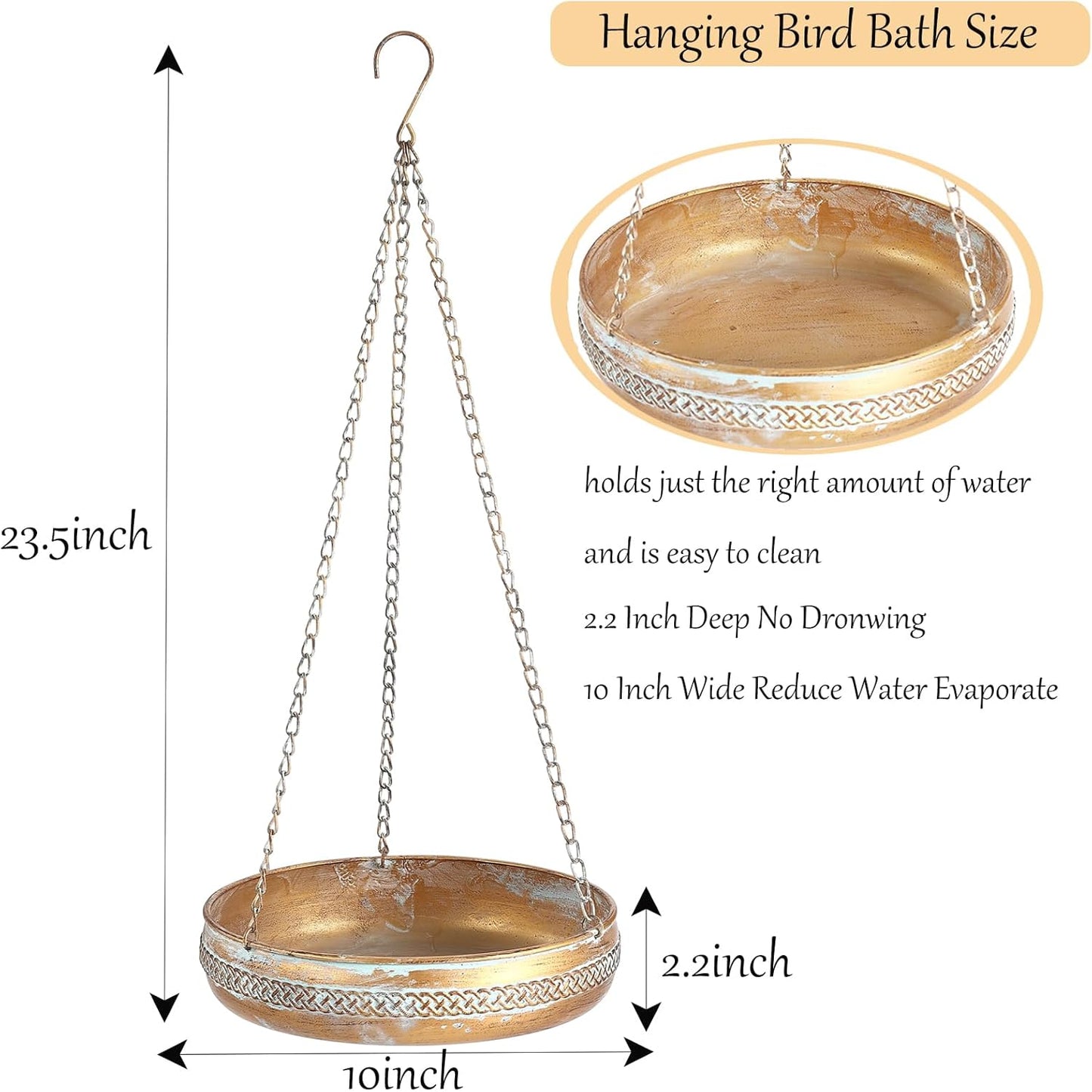 Metal Hanging Bird Bath for Outdoors, Antique Patina Hanging BirdBath 