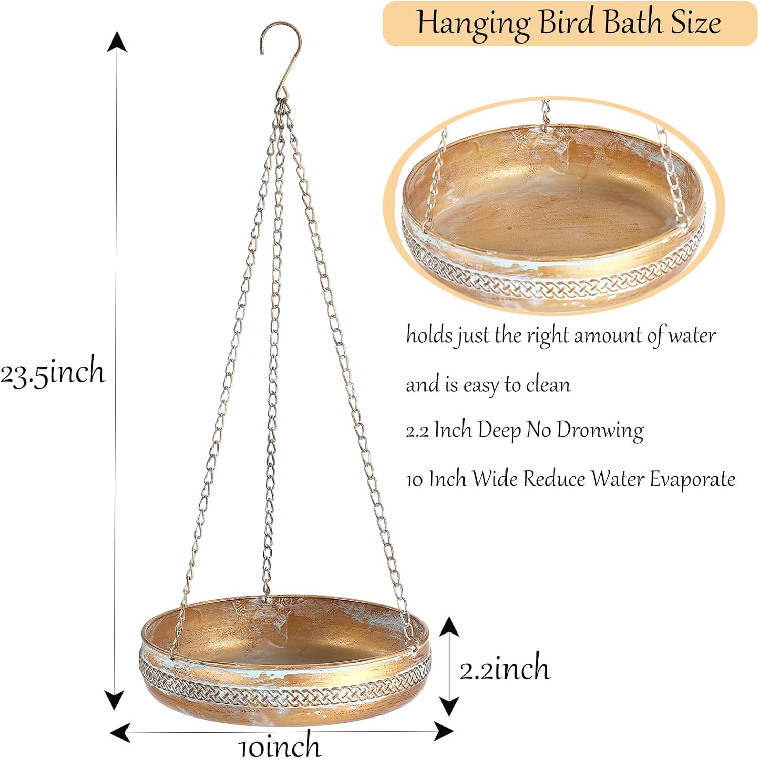 Metal Hanging Bird Bath for Outdoors, Antique Patina Hanging BirdBath 