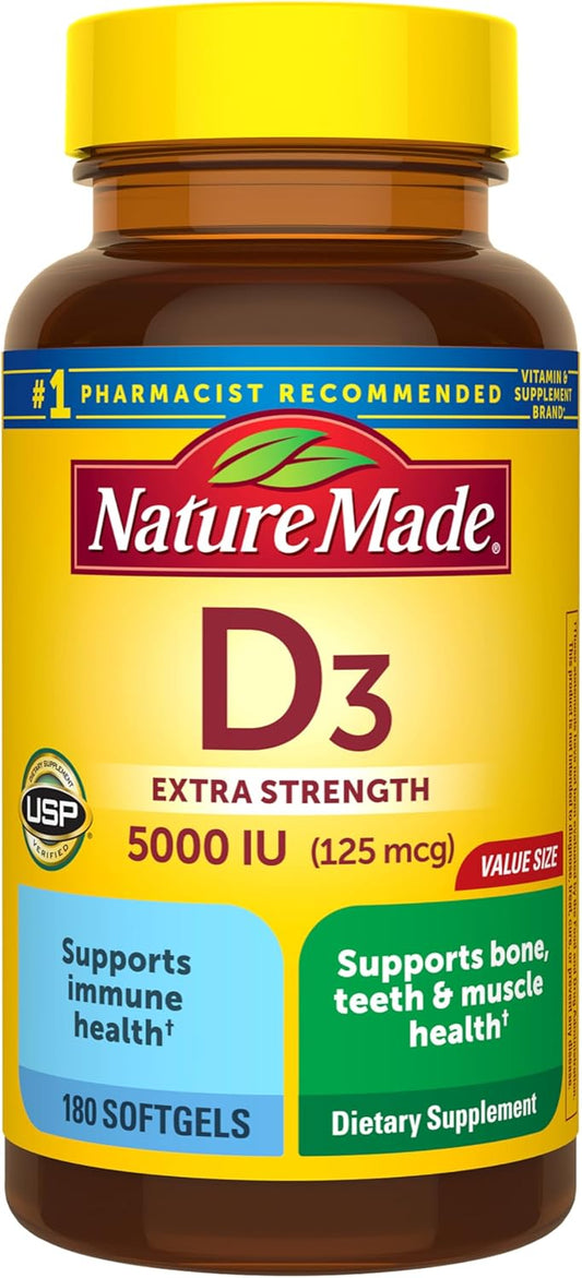 Nature Made Vitamin D3 5000 IU (125 mcg) Softgels, Extra Strength Vita