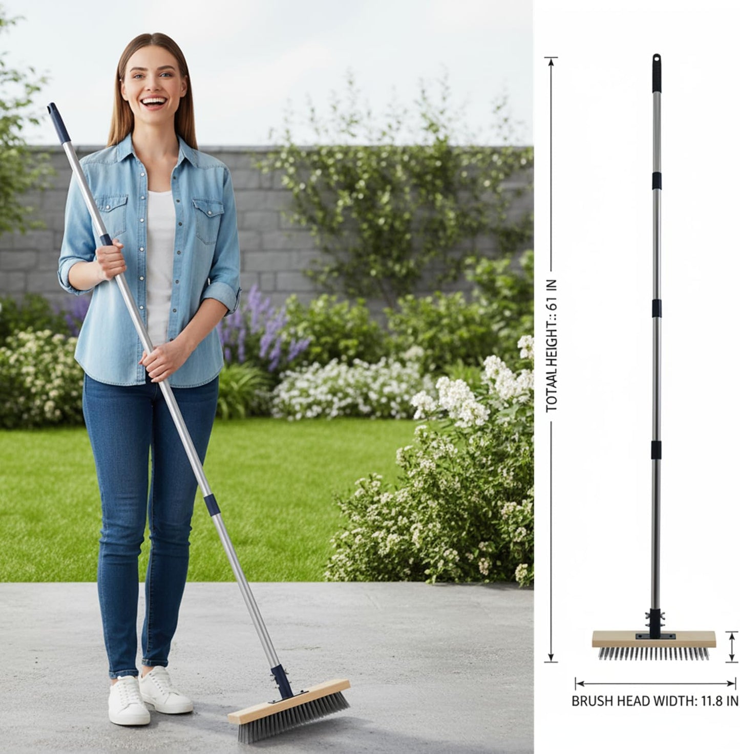 Heavy Duty Wire Broom,Stainless Steel Wire Scrub Brush with Long Handle,Perfect for Cleaning Weeds and Moss from patios, Decks, Gardens, Concrete, garages, and More(59in)