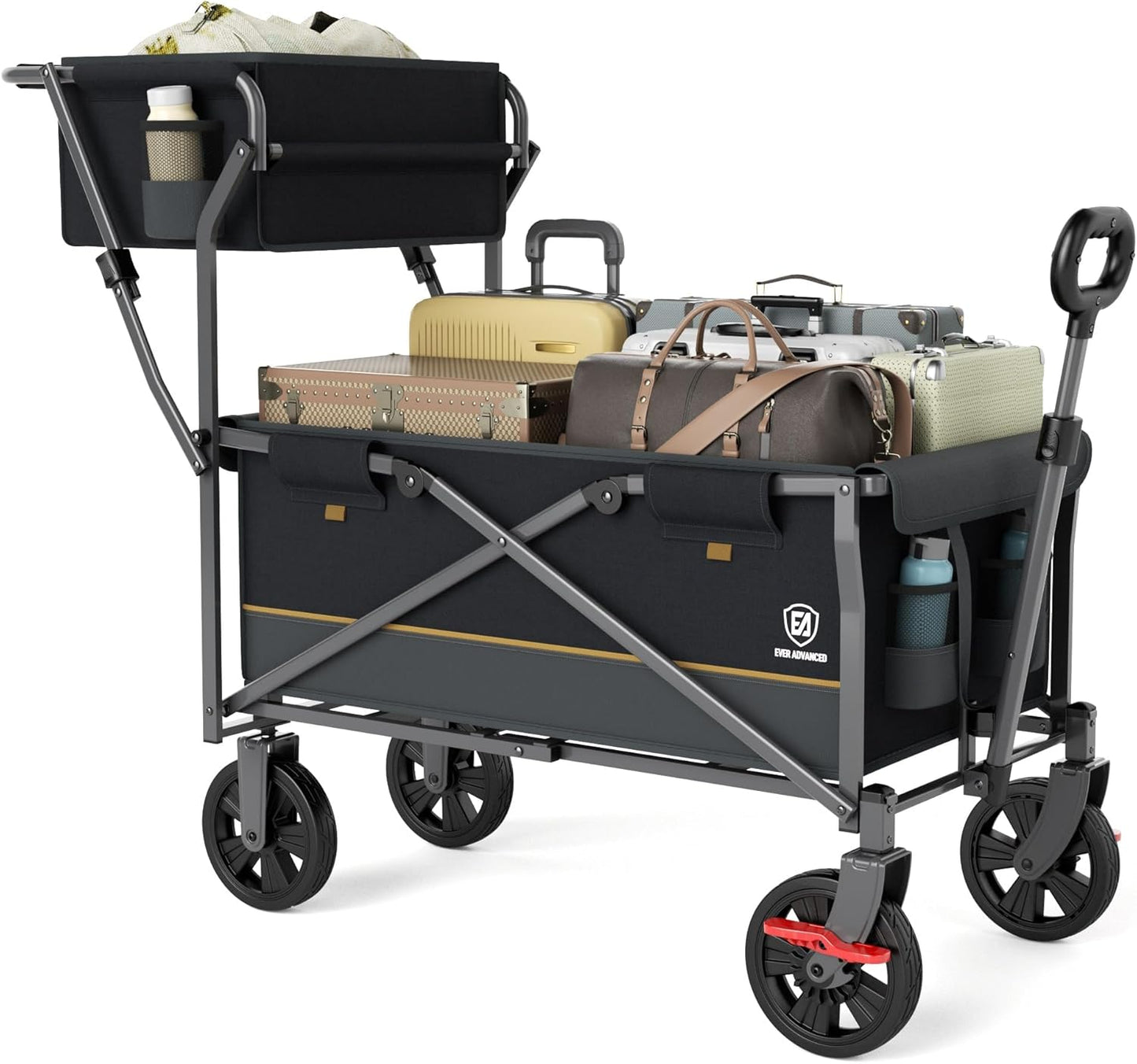 EVER ADVANCED Collapsible Push & Pull Shopping Cart with Wheels & Brakes, Foldable Wagon for Groceries with Practical Basket, Side Pockets & Cup Holders, Beach Utility Rolling Cart for Camping, Black