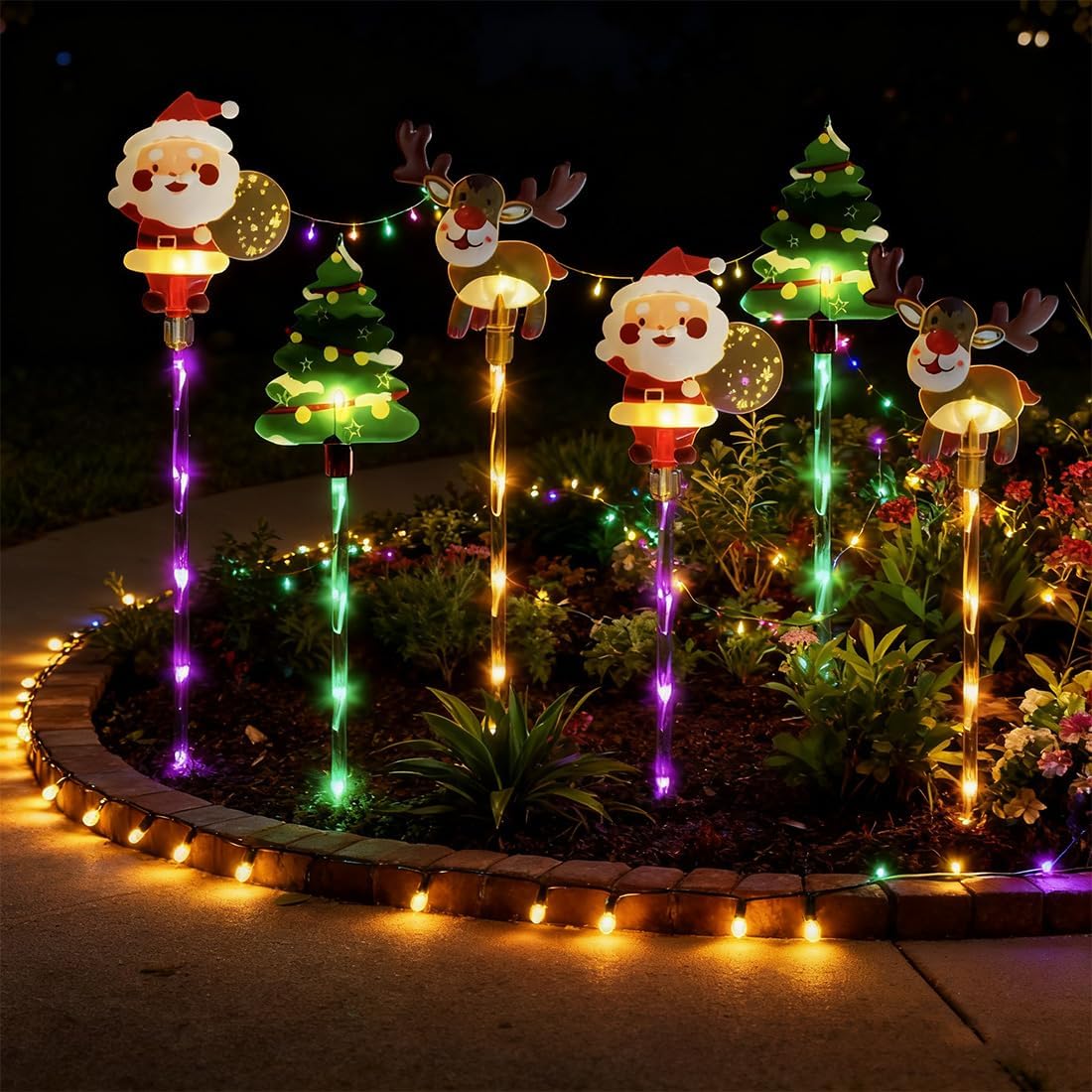 Moving Christmas Lights, 6 Pack of Moving Christmas Solar Lights, Waterproof LED Colorful Stakes Outdoor, Moving Christmas Tree & Reindeer Decorations for Yard, Garden, Courtyard, and Path (A-Style)