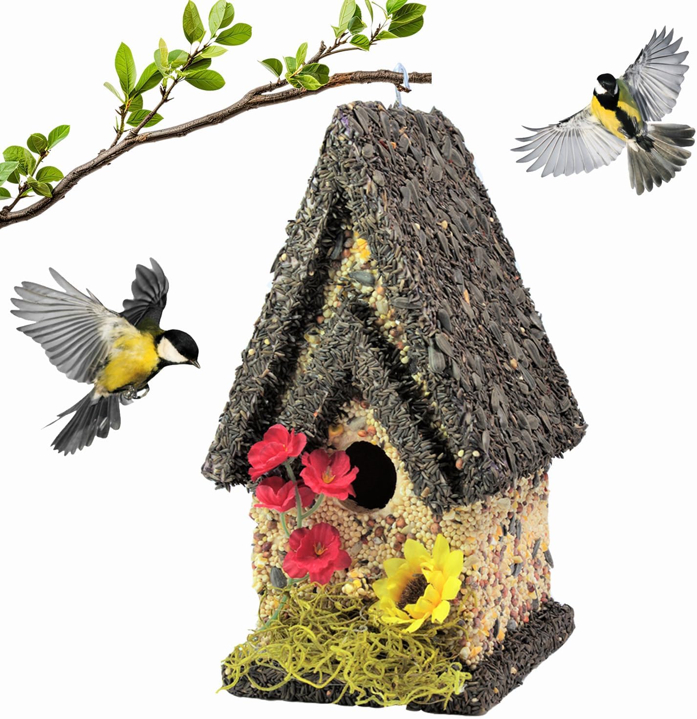 Edible Birdhouse - Birdseed Bird Feeder, Wooden Birds House Covered in