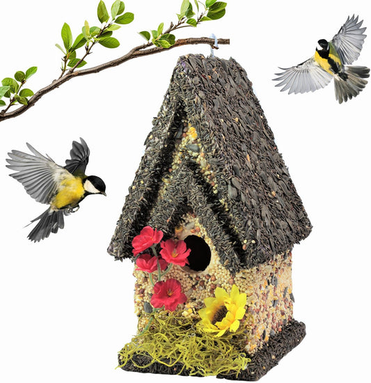 Edible Birdhouse - Birdseed Bird Feeder, Wooden Birds House Covered in