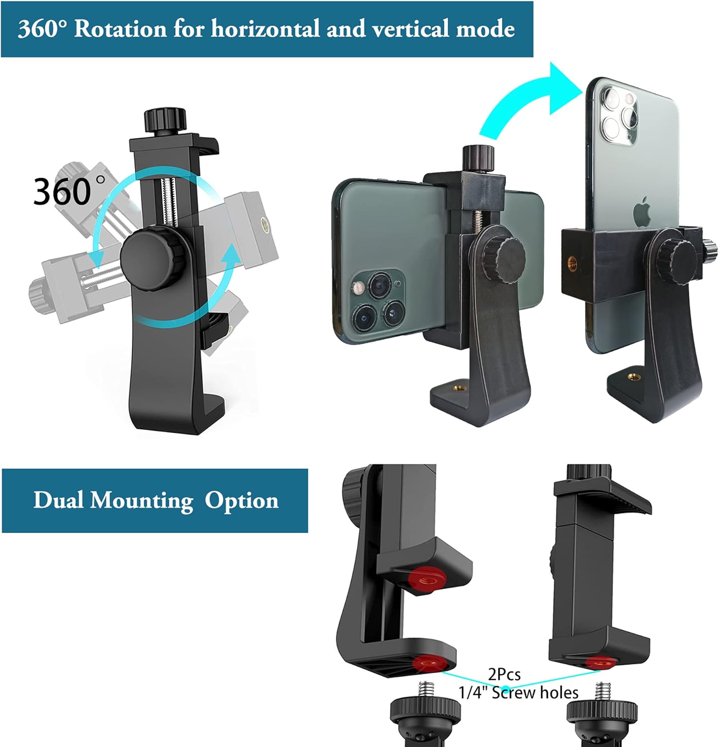 Peastrex Universal Phone Tripod Mount Adapter with Ｗireless Camera Remote, Cellphone Holder Vertical and Horizontal Tripod Mount Rotatable Bracket Clamp for iPhone, Android Cell Phone, Selfie Stick