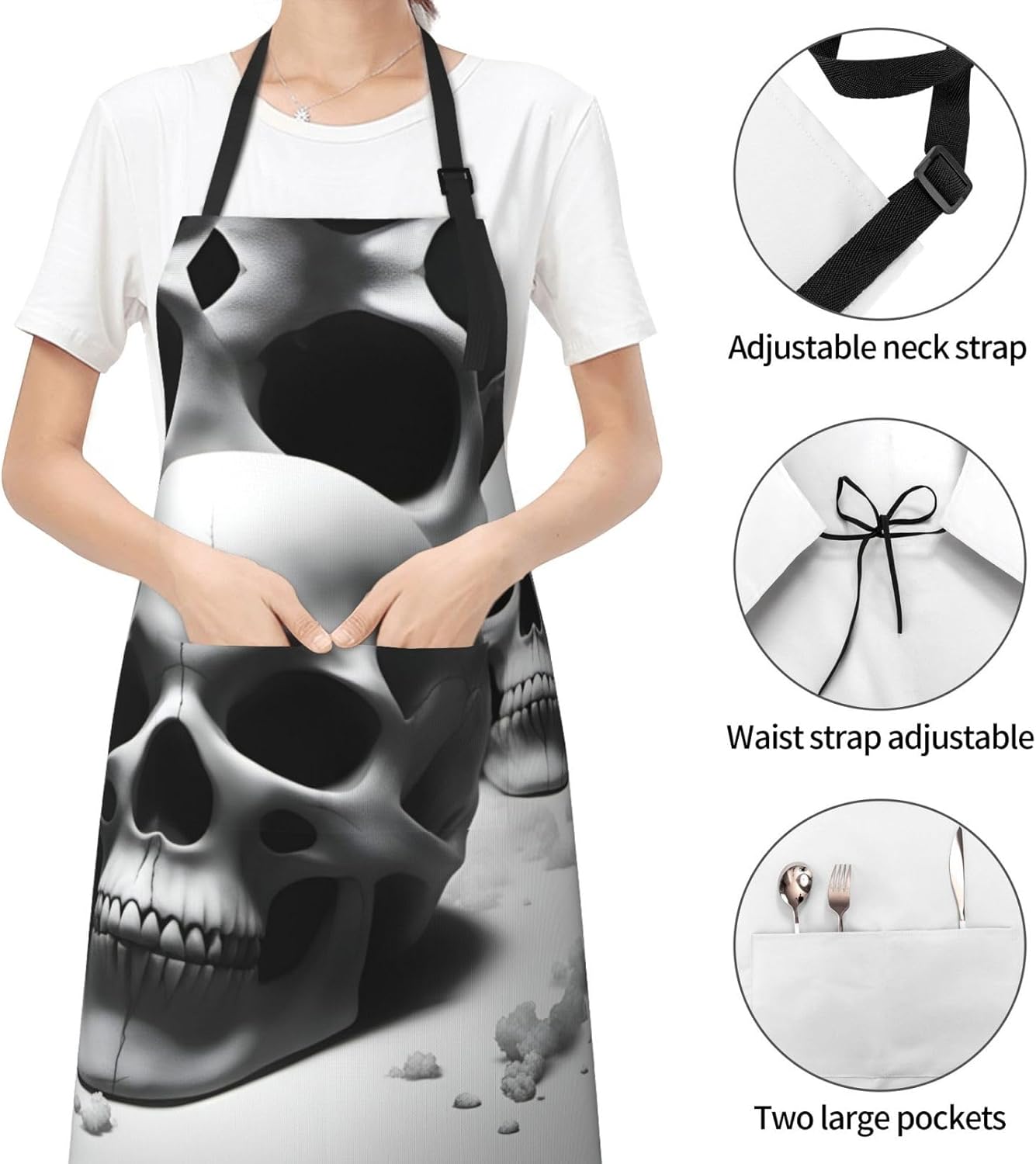 Black and white skulls print Waterproof chef's apron with pocket apron for kitchen cooking baking barbecue and gardening