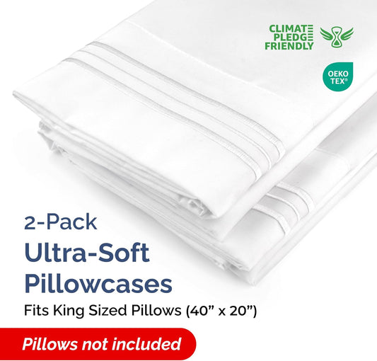 King Pillow Cases Set of 2 - Ultra Soft Hotel Quality Pillowcase Covers - Comfy, Cozy & Wrinkle Free - Shrinkage, Stain and Fade Resistant - Machine Washable Pillow Protectors - 2 Piece Set - White