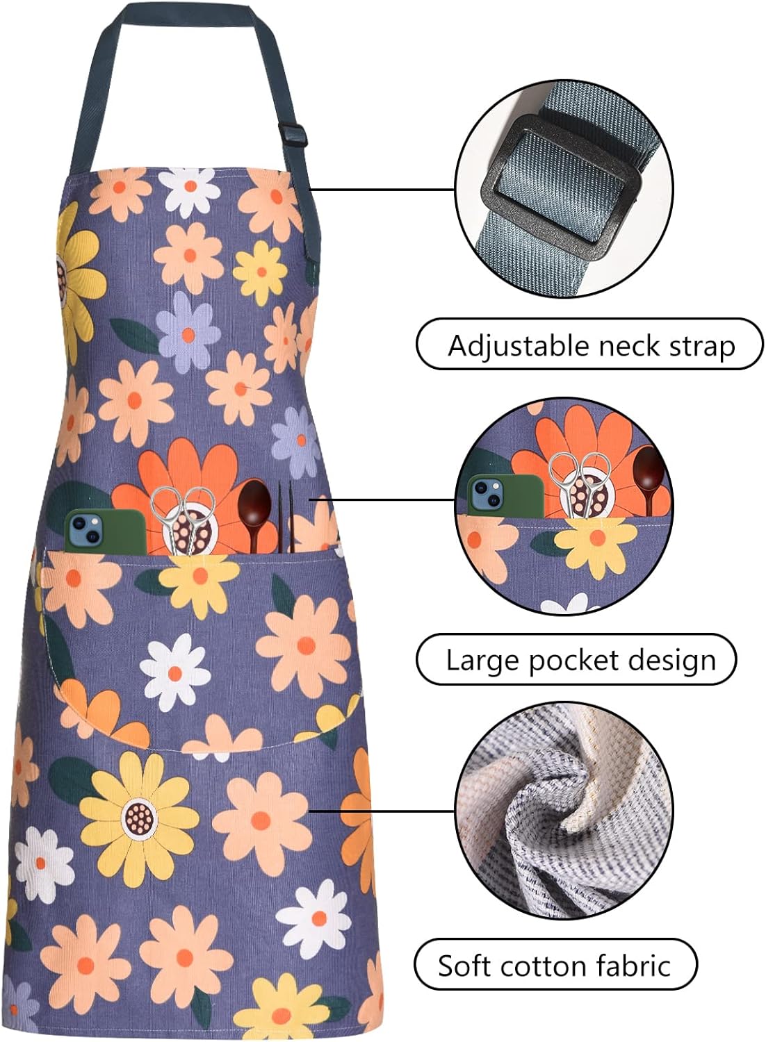 2 Pack Floral Apron for Women with Pockets, Adjustable Cotton Chef Apr