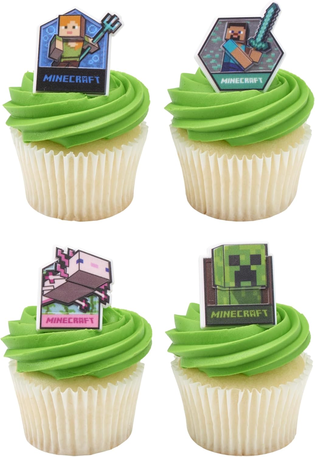 DecoPac Minecraft Lush Finds Rings, Cupcake Decorations Featuring Creeper, Alex, Steve and Axolotl! Multicolored 3D Food Safe Cake Toppers – 24 Pack