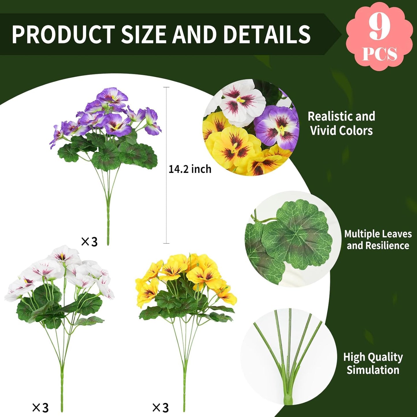 Artificial Flowers for Outdoor, 9 Bundles Silk Faux Pansies Fowers,UV Resistant Fake Pansy Flowers for Outdoor Planters Home Garden Office Patio Front (Yellow/Purple/White)