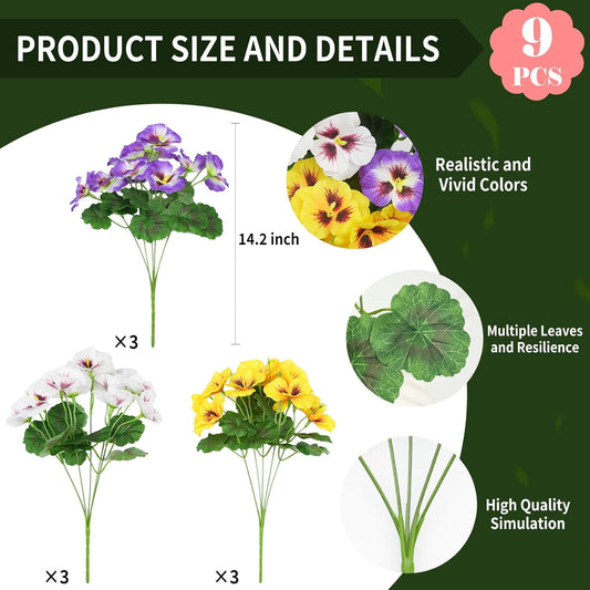 Artificial Flowers for Outdoor, 9 Bundles Silk Faux Pansies Fowers,UV Resistant Fake Pansy Flowers for Outdoor Planters Home Garden Office Patio Front (Yellow/Purple/White)