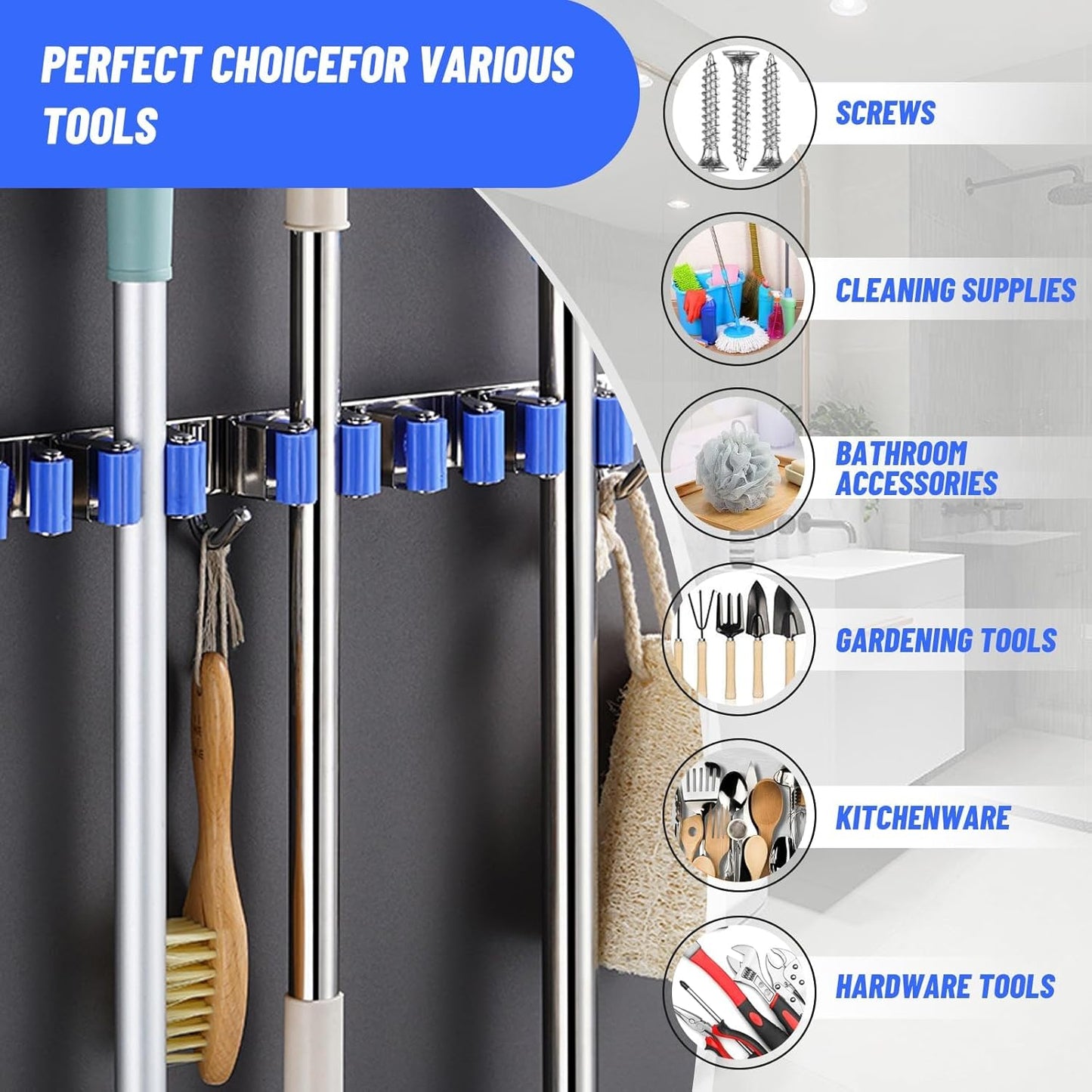 Broom Holder Mop Hanger Wall Mount Metal Organization Garage Storage System Laundry Room Closet Shed Garden Kitchen Tool Organizer (6 Racks with 3 Hooks, Blue)
