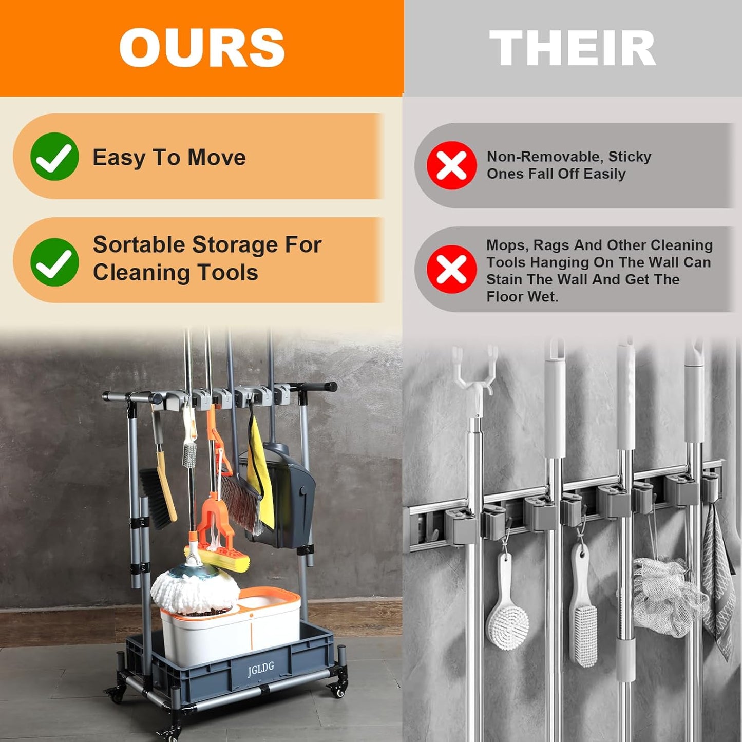 Freestanding Mobile Cleaning Tool Storage Rack, Mop and Broom Holder (