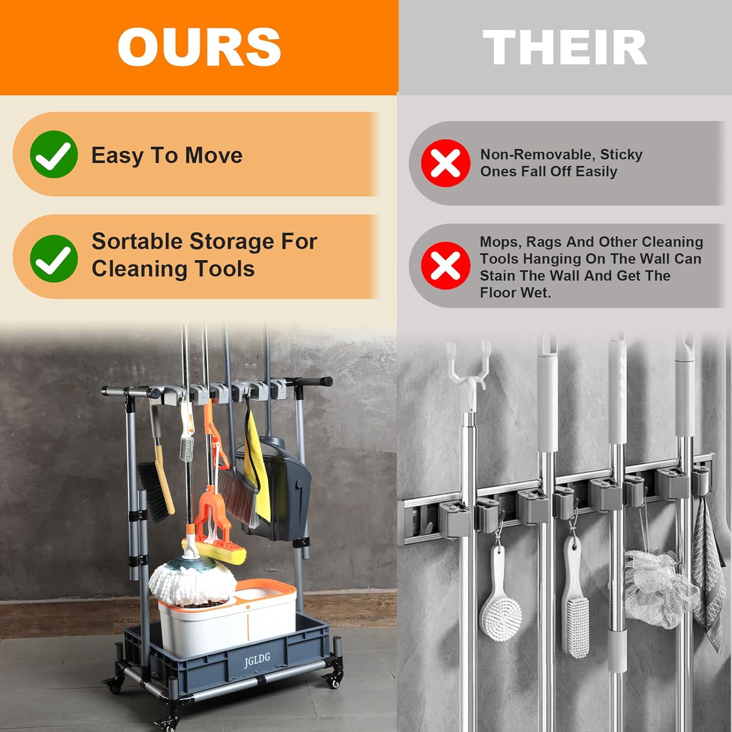 Freestanding Mobile Cleaning Tool Storage Rack, Mop and Broom Holder (