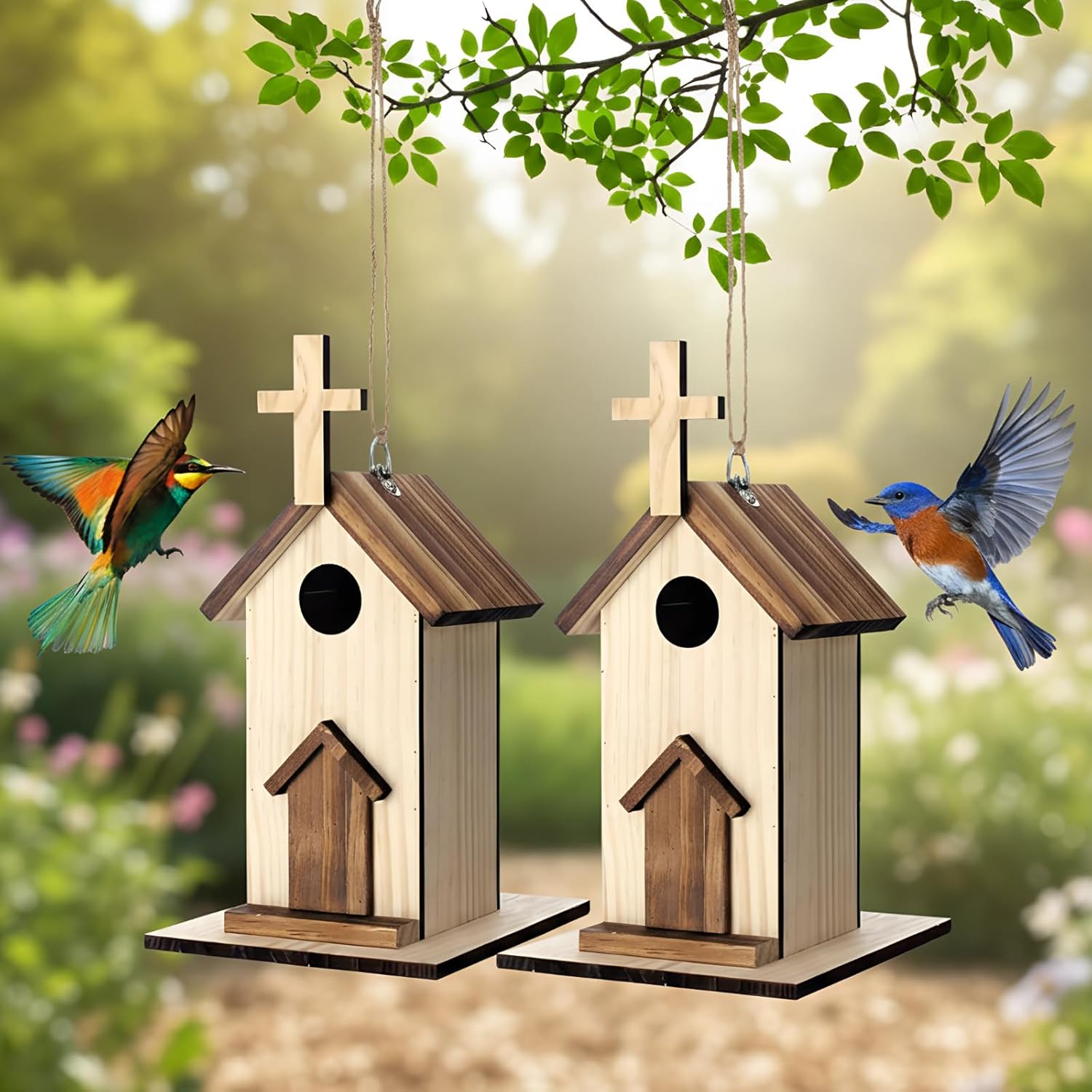 Leinuosen 2 Pcs Birdhouse Outdoor Hanging Wooden Church Birdhouse Cros