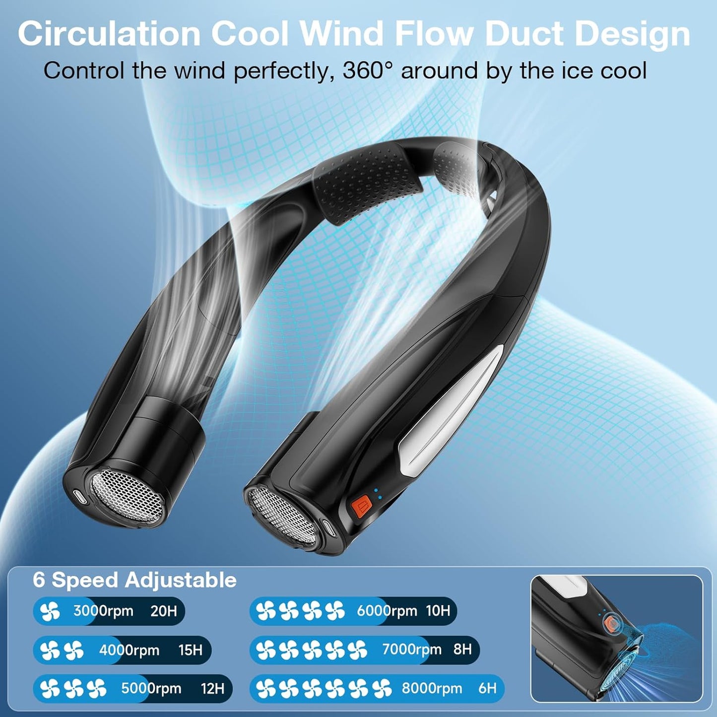 AI Neck Fan, 6 Speeds Adjustable Portable Personal Fan Rechargeable, Faster Cooling Wearable Fan, Ultra Quiet for Home, Office, Travel, Outdoor