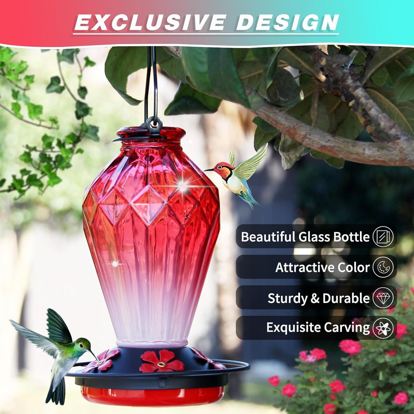 Glass Hummingbird Feeder for Outdoors Hanging, 25Oz Humming Bird Necta