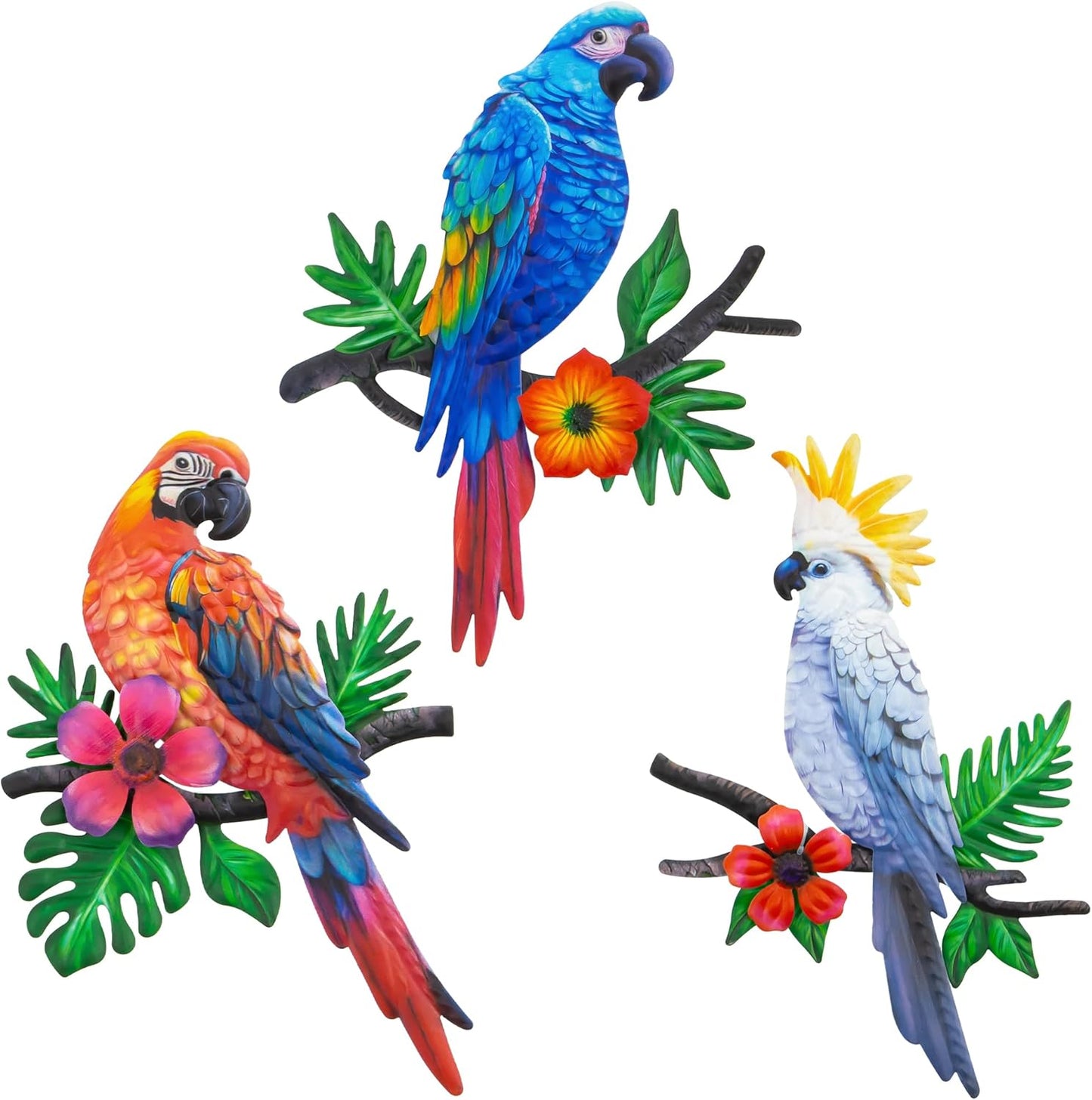 Metal Parrots Wall Art Decor Outdoor Decorations for Yard, Outdoor Garden Decor, Patio Mother's Day Decoration Gift Garden Metal Bird Wall Mother's Day Decor-12 Inches Parrot Large Hanging Wall Decor 3 Pack