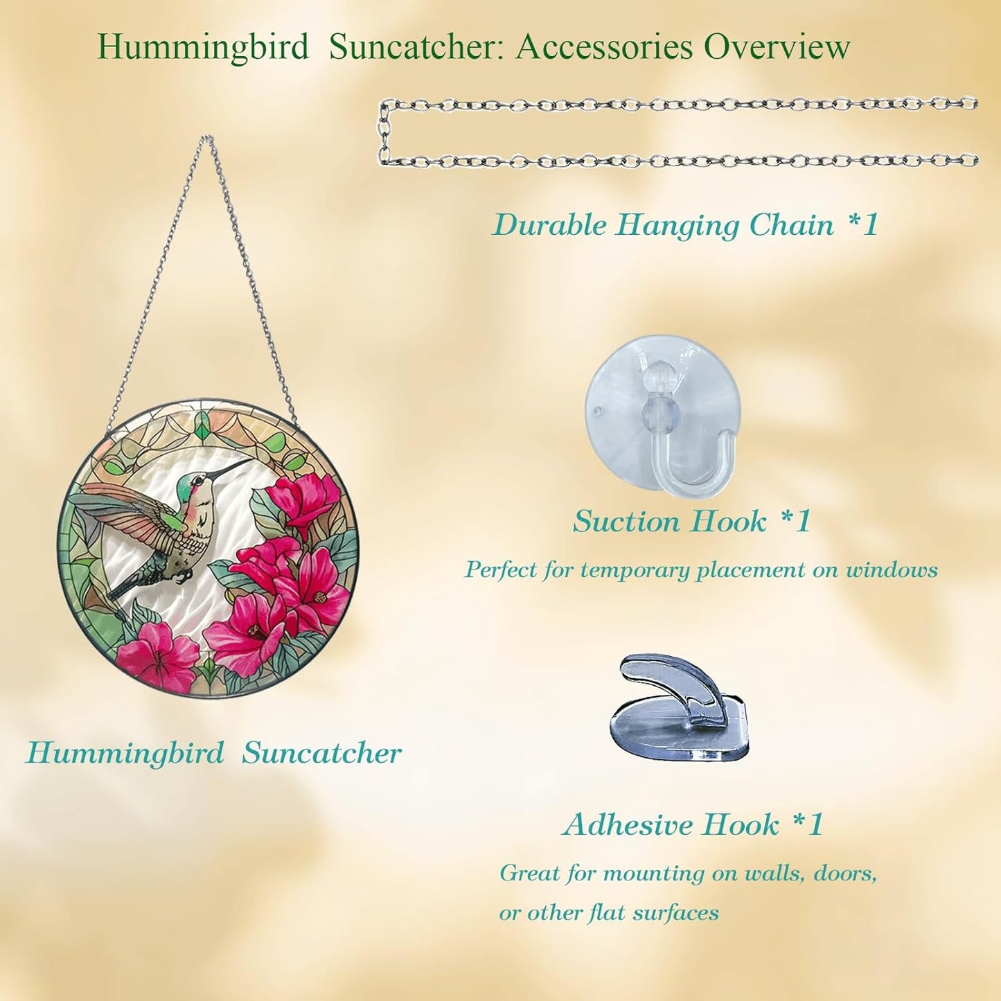 Handmade Stained Glass Hummingbird Suncatcher, 8 inch Real Glass Windo