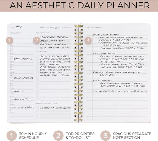 Beautiful Daily Planner And Notebook With Hourly Schedule - Aesthetic 