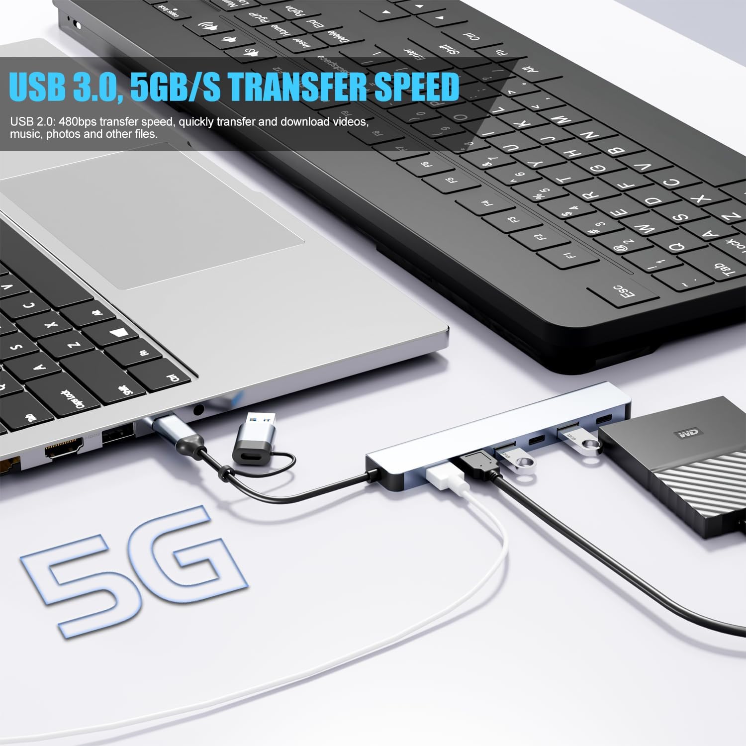 【Upgrade】 USB C/USB Hub, BERLAT Aluminum 7 in 1 USB C & USB Hub with U