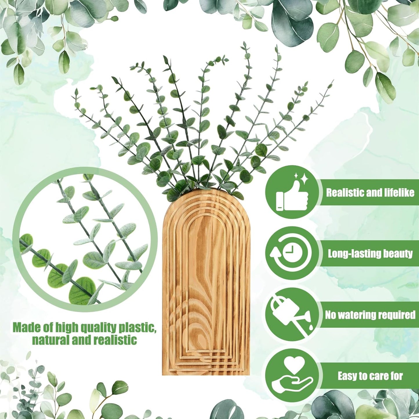 2 Pack 15" Wooden Wall Vase with 20 Pcs Artificial Eucalyptus Leaves Stems Planter, Boho Modern Farmhouse Bathroom Hanging Planter for Wedding, Hallway, Bedroom, Living Room