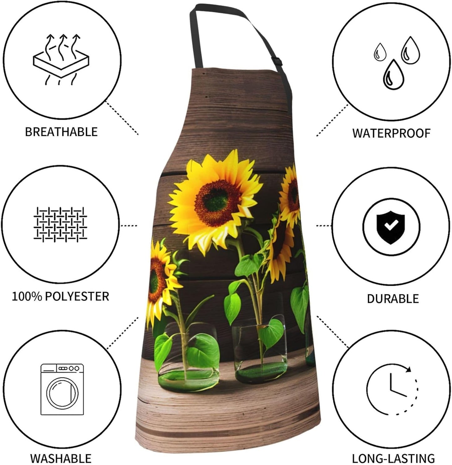Three Sunflowers on Wooden print Waterproof chef's apron with pocket a