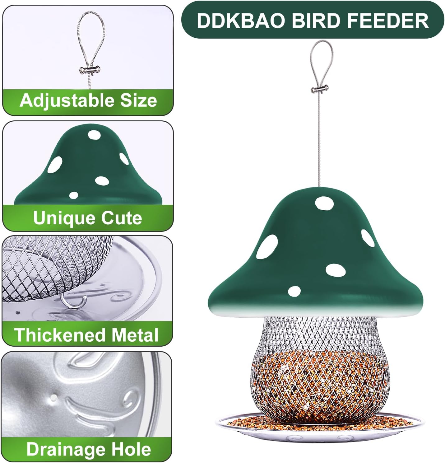 Green Mushroom Bird Feeders, Bird Feeders for Outdoors Hanging, Metal Wild Bird Feeder for Cardinals, Blue Jay, Bluebird Feeders, Large Capacity birdfeeders is Gift for Mother.