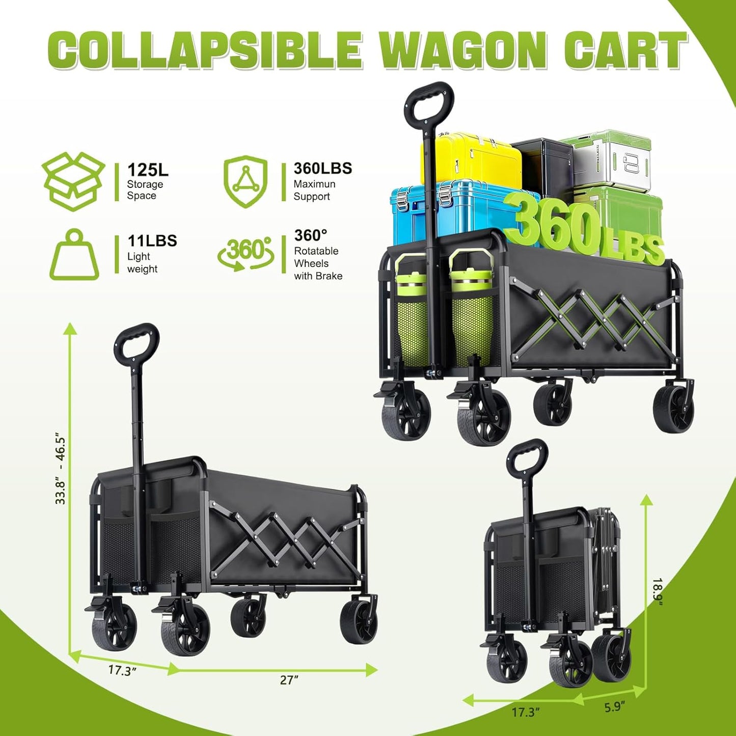 Collapsible Folding Wagon Cart with Wheel - 360LBS Heavy Duty Foldable Wagon Carts with All Terrain Wheels & breakes, Portable Lightweight Wagon Cart for Sports/Groceries/Camping/Fishing/Gardening
