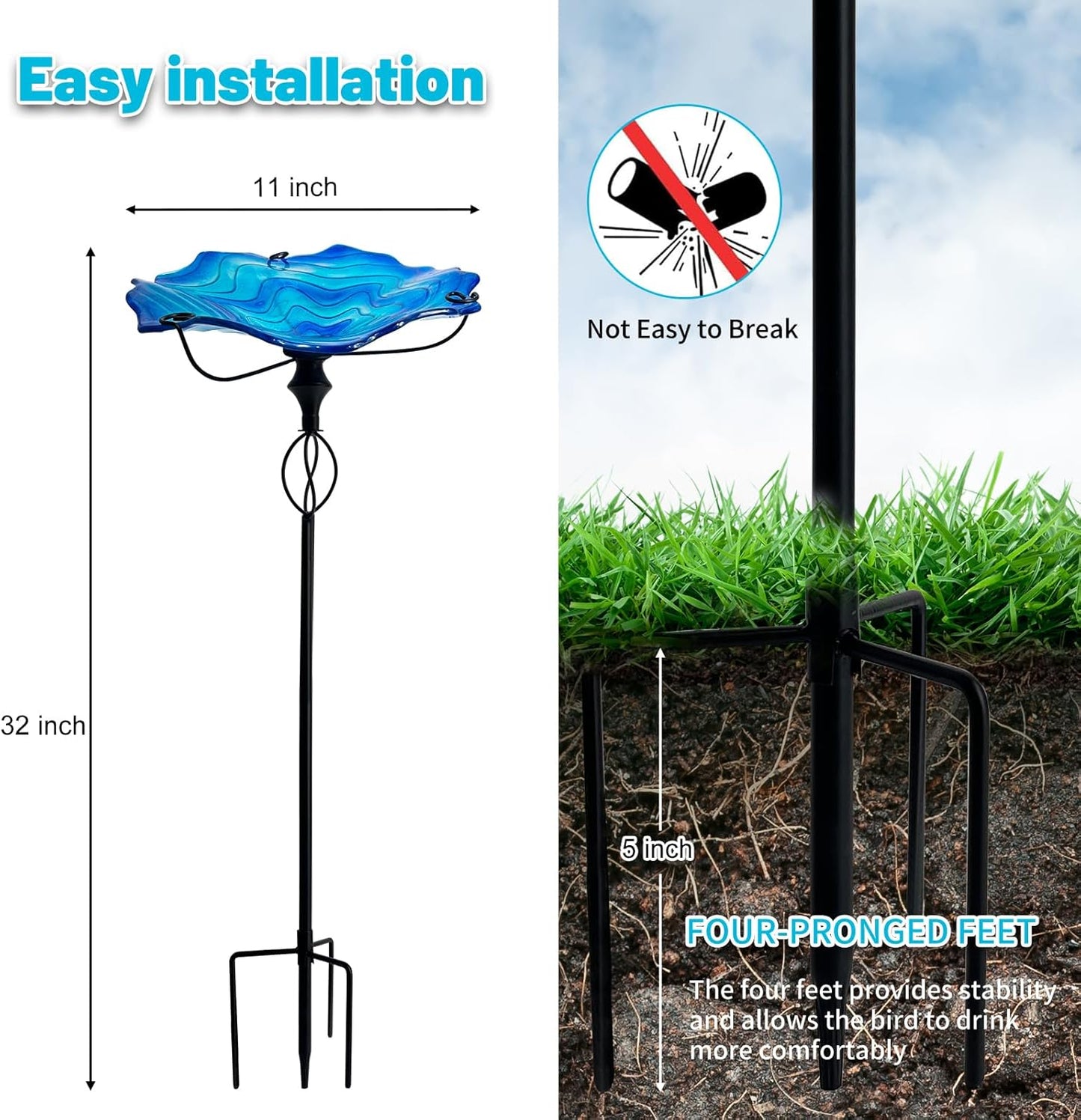 HONGLAND Bird Baths for Outside,11" Small Blue Glass Birdbaths Outdoor