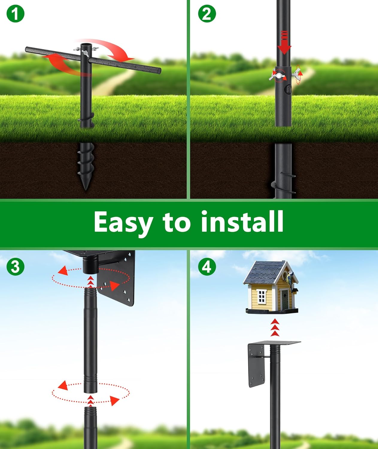 Heavy Duty Bird Feeder Pole - 73 Inch Adjustable 1 Inch Metal Bird House Pole with 14” Deep Auger Base | Outdoor Mount Kit for Bluebird Houses, Hummingbird Feeders, Smart Bird Feeder with Camera