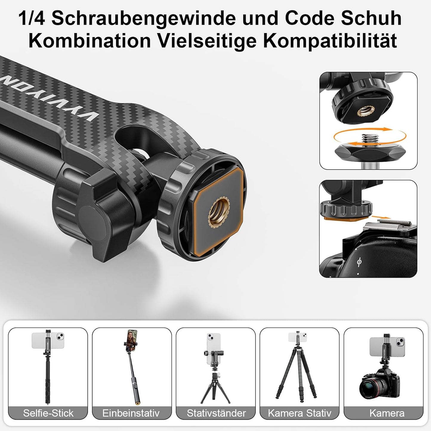Cell Phone Tripod Mount, Tripod Phone Holder with 1/4" Screw 2 Cold Shoes, 360°Rotates 180°Tilts Adjustable Camera Hot Shoe Phone Mount for iPhone,Samsung, Selfie Stick, Camera Stand