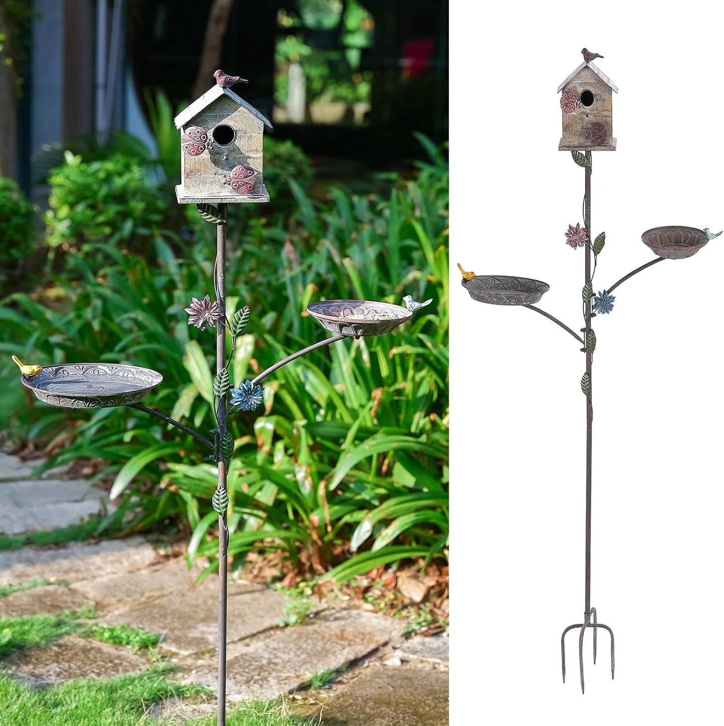 69" H 3-in-1 Metal Bird House with Stake - Free Standing Bird Bath & Feeder Bowl for Outdoors, Birdhouse on Pole for Garden Yard Decor
