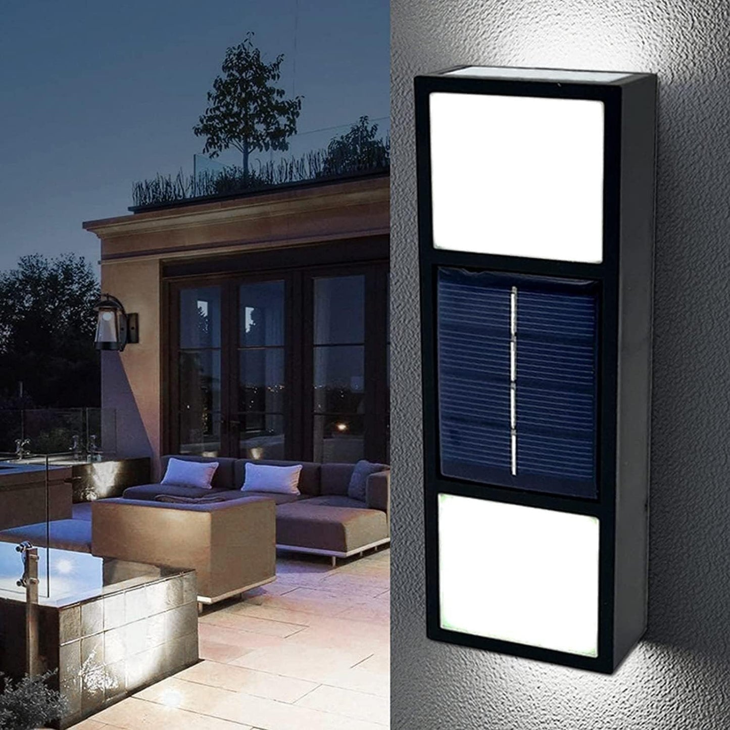 2 Packs Decorative Solar Fence Lights, Up & Down Illumination Sconce with 6 Beads, Outdoor Garden, Yard & Garage Decor, Energy-Efficient Yard Lighting (White Light)