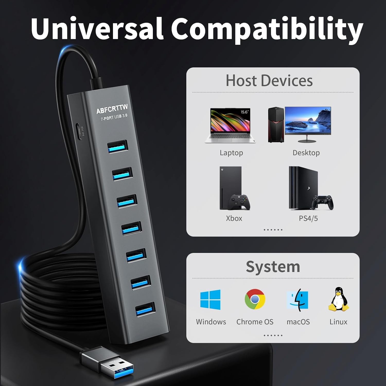 4Ft 7-Port USB 3.0 Hub for Desktop - Aluminium USB Extender Hub 5Gbps,