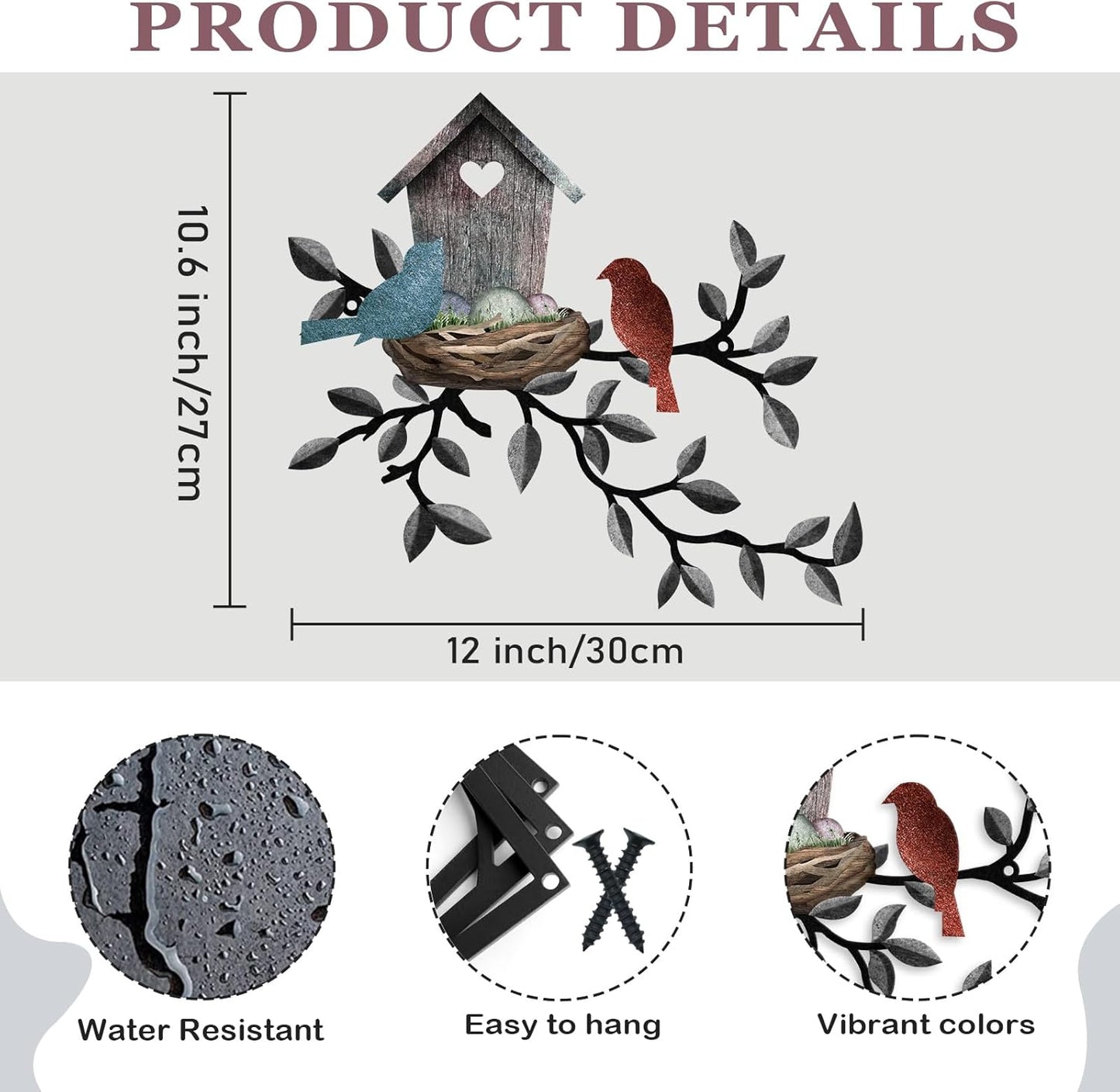 Birds Wall Metal Decor Outdoor Art Hanging Metal Tree with Birdhouse for Living Room Tree Leaf Wall Decor for Indoor Outside Garden, 10.6 x 12 Inches