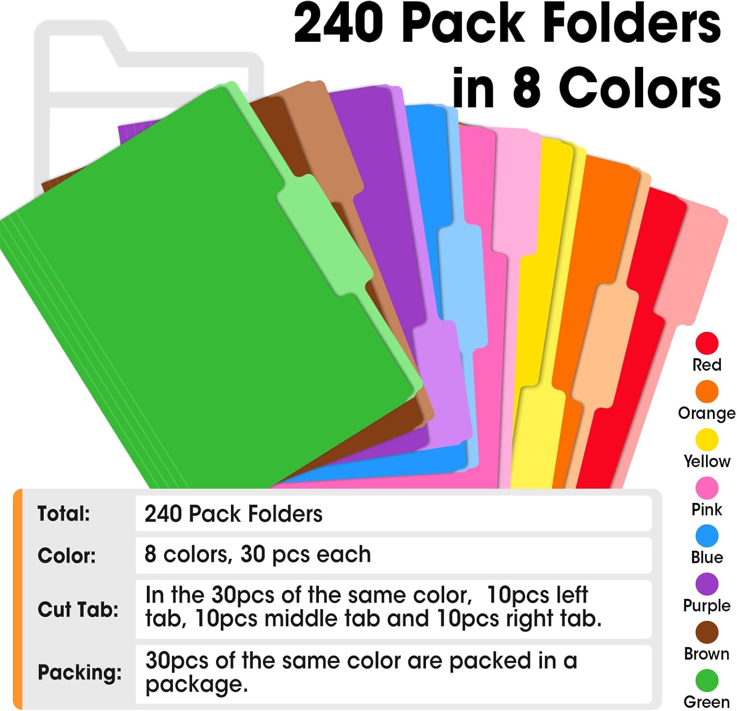 240 Pack Colored File Folders, 1/3 Cut Tab File Folders Letter Size 8.