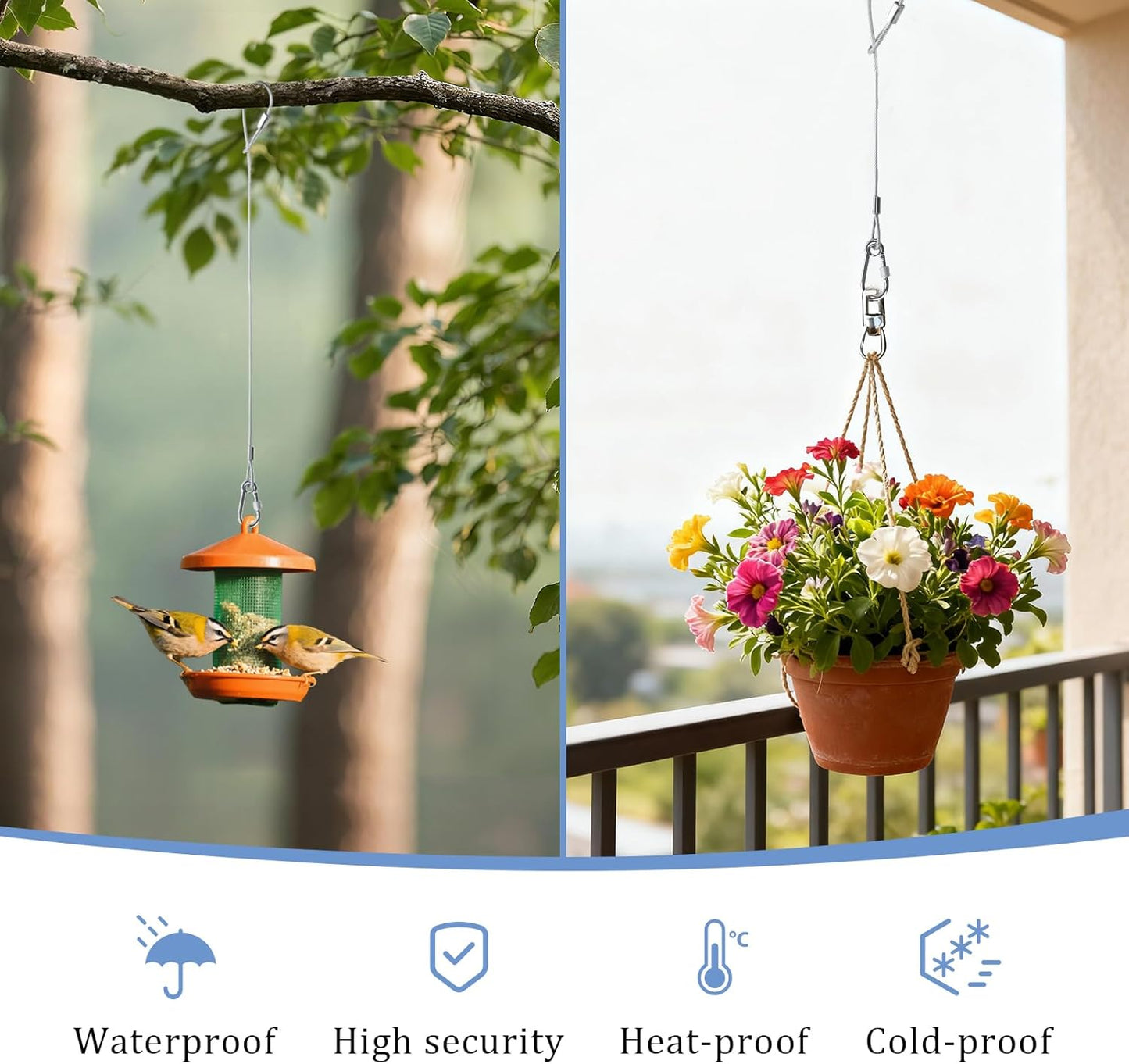 4 Pcs Hanging Steel Cables with Carabiner Hooks 12" 18" 24" 36"- Adjustable Hanging Chain Cable Rope Bird Feeder Hanger for Bird Feeders, Planters, Lanterns & Outdoor Christmas Tree Decorations