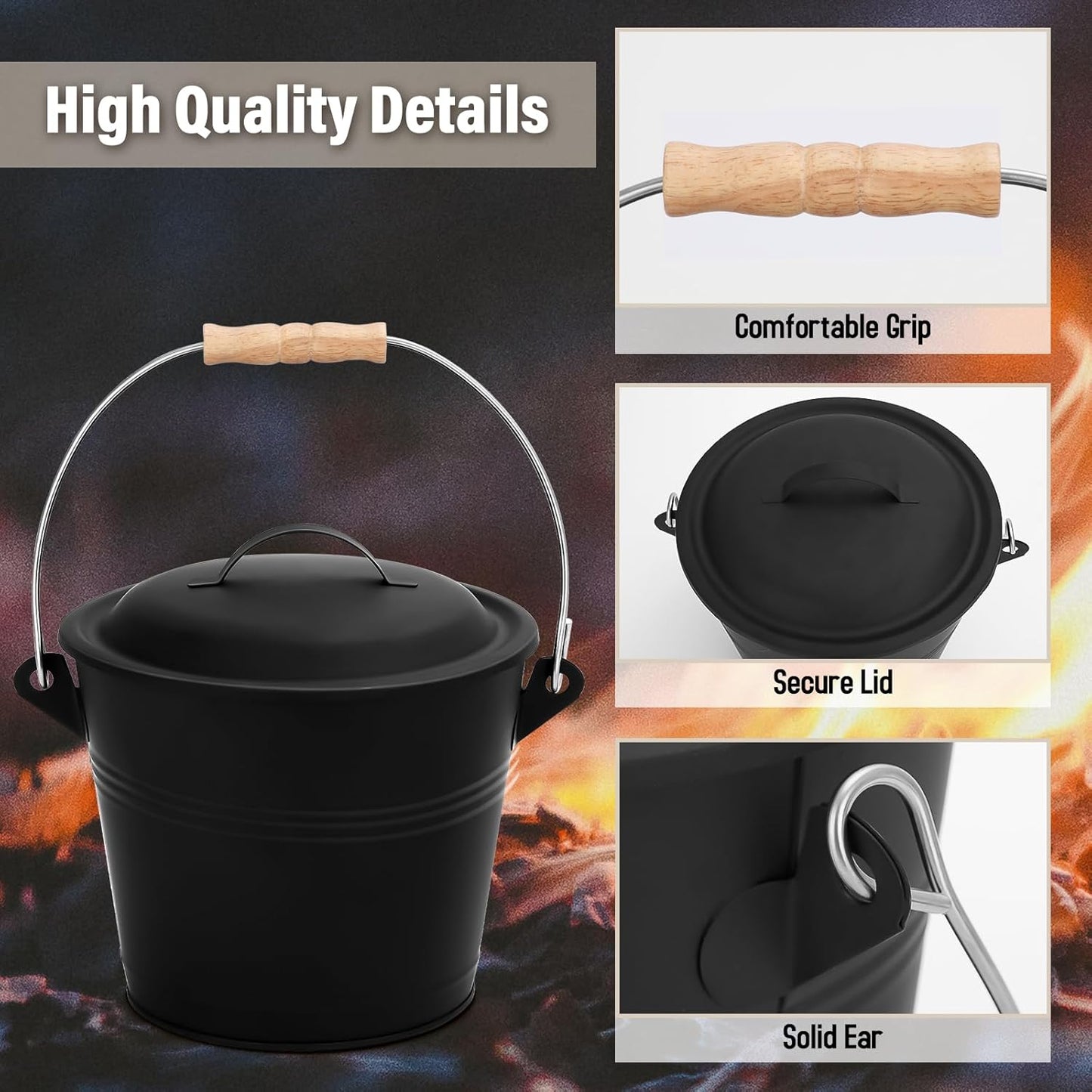 FEED GARDEN Fireplace Tools Set, 1.5 Gallon Mini Ash Bucket with Lid, Shovel, Heat-Resistant Brush & Screwdriver, Heavy Duty Galvanized Iron Ash Cleaning Tool Set, Compact 7.5" x 8.8" x 6.4”, Black