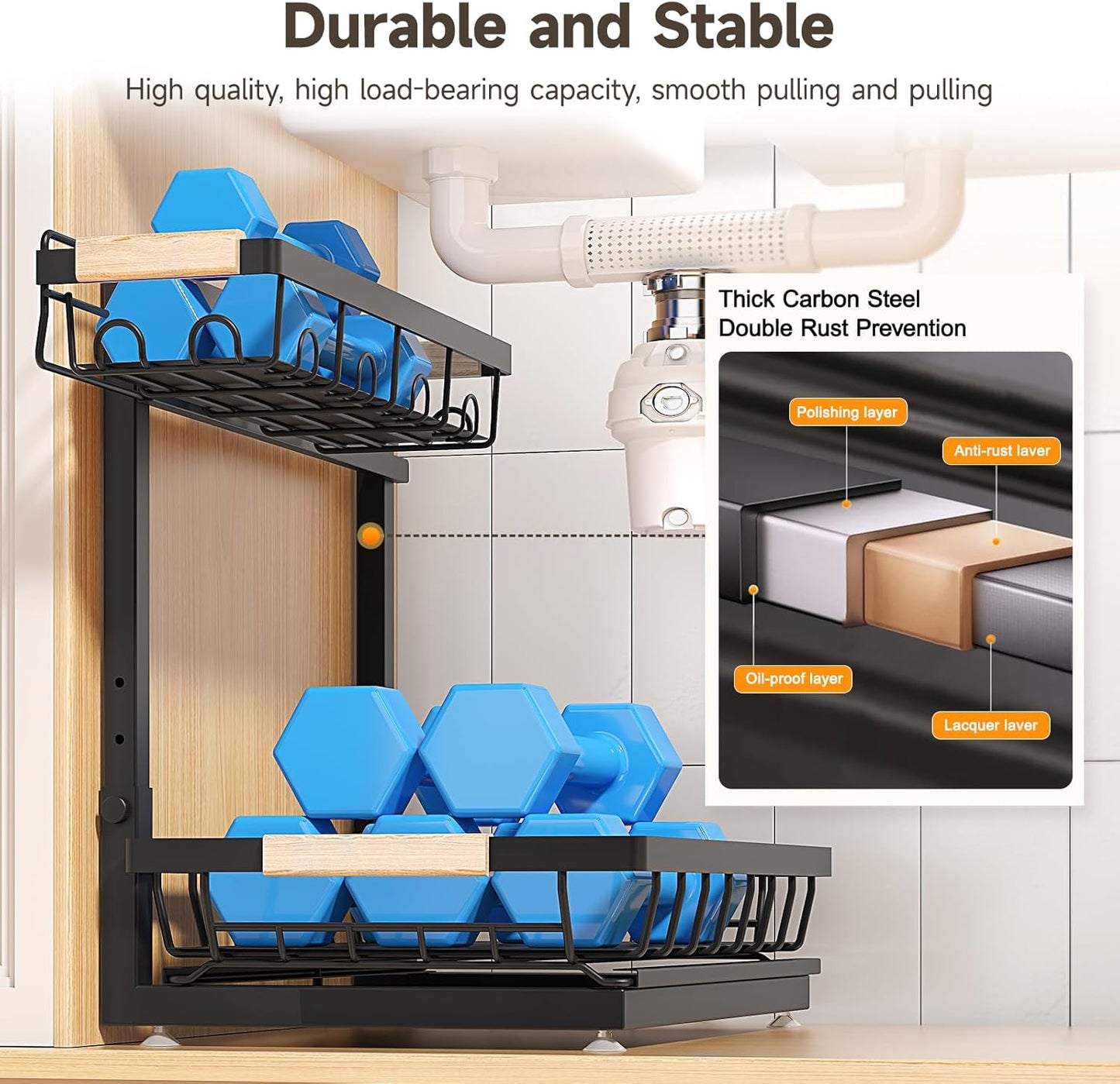 2 Packs Under Sink Organizer, Height Adjustable 2 Tier Under Kitchen Sink Organizer, Multi-Purpose Storage Shelf for Kitchen Bathroom Cabinet (Black, Large)