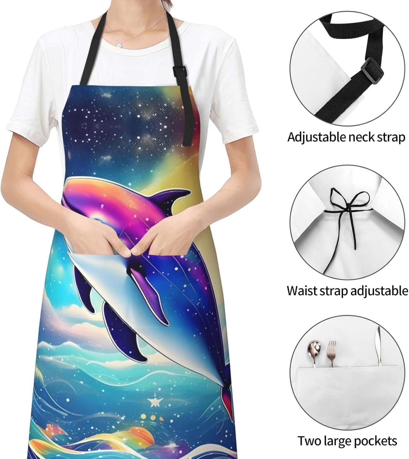 Colorful Starry Sky Ocean Dolphin print Waterproof chef's apron with p