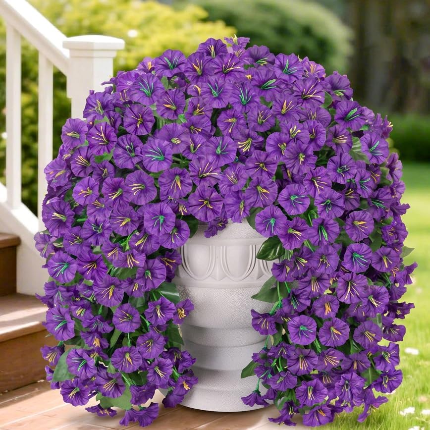 HyeFlora Artificial Fake Hanging Flowers Plants for Outdoor Outside Summer Decoration, 2PCS Faux Silk Morning Glory Purple UV Resistant Look Real Trailing Vines for Home Planter Porch Patio