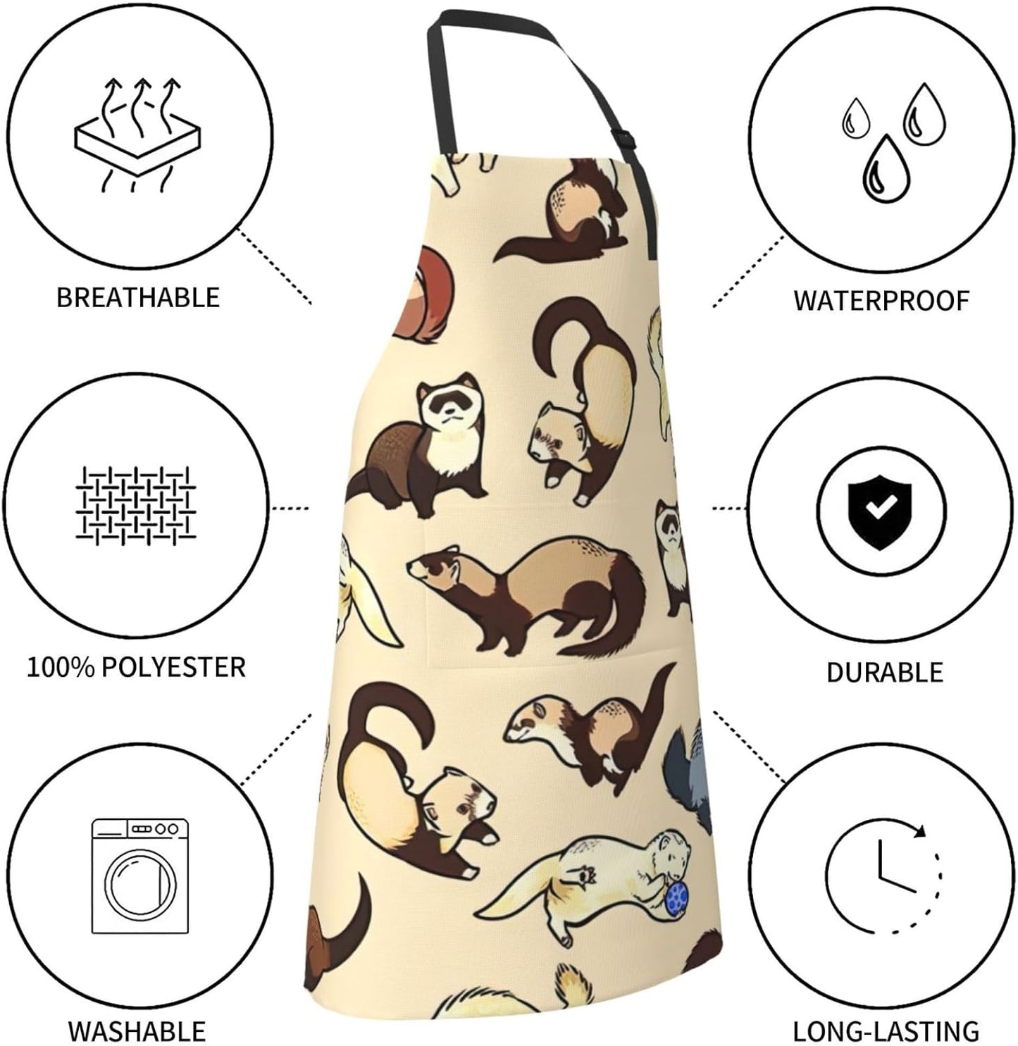 Hairy Ferret Print 28x33 In Adult Kitchen Apron with Pockets Versatile Chef Smock for Cooking Baking