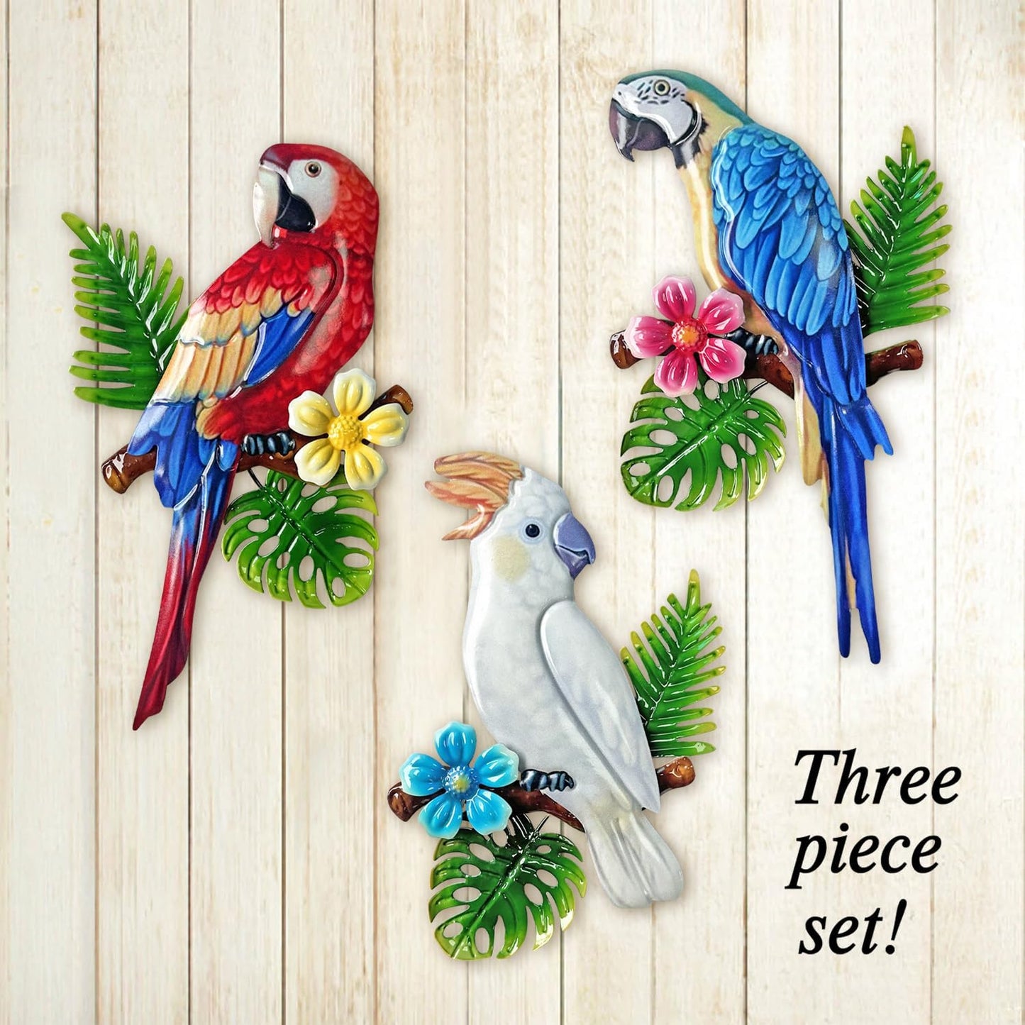 Limygus 3 Pcs Metal Parrot Wall Art Decor Set - Tropical Vivid Parrots on Branch, Outdoor Indoor Hanging Decor for Garden Fence Courtyard Patio