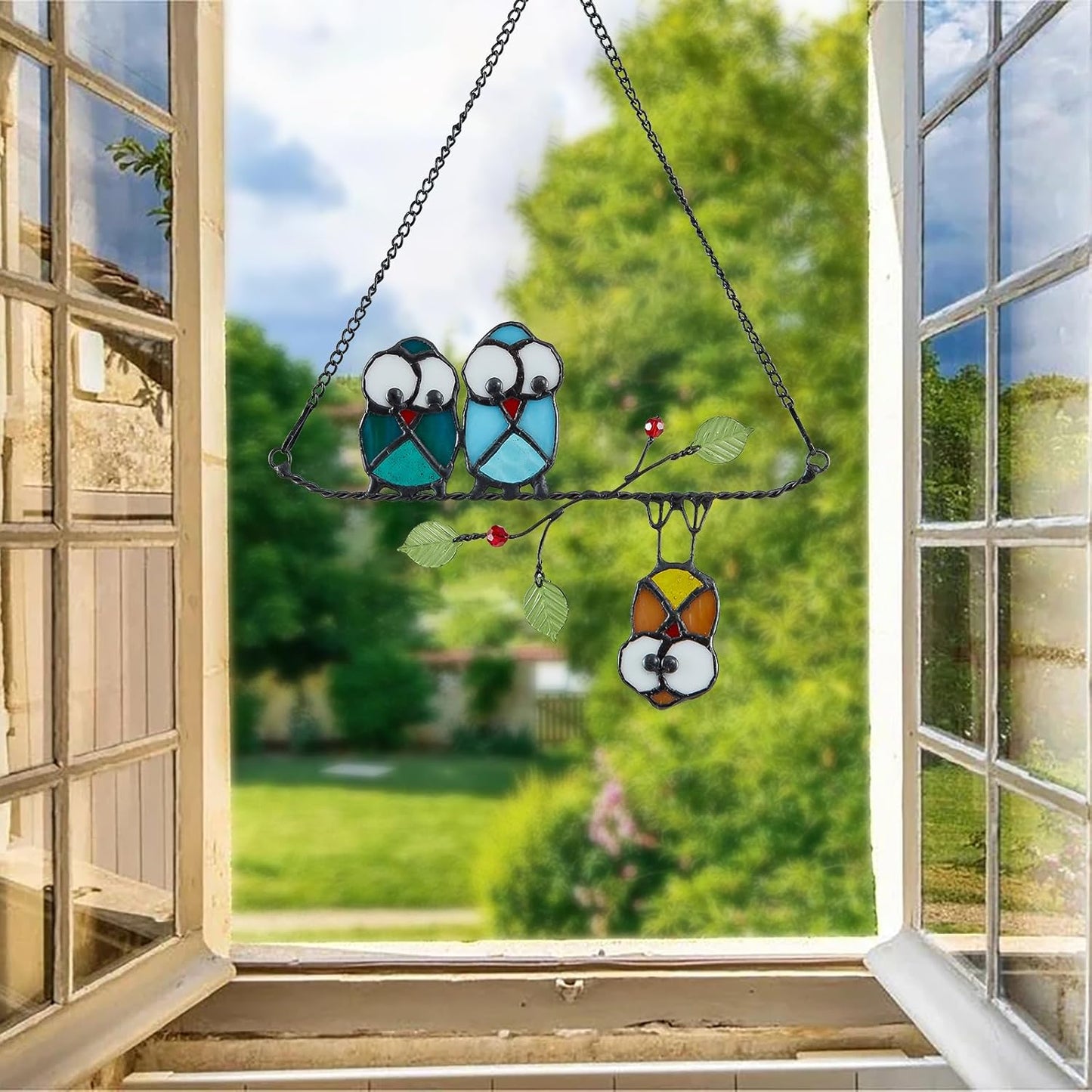 Stained Glass Birds,owl,Stained Glass Window Hanging,Multicolor Owls on The Living Tree with Green Leaf and red Berries,Bird suncatcher for Windows Room Home,Deco,Gift for Mom,and Bird Lovers.