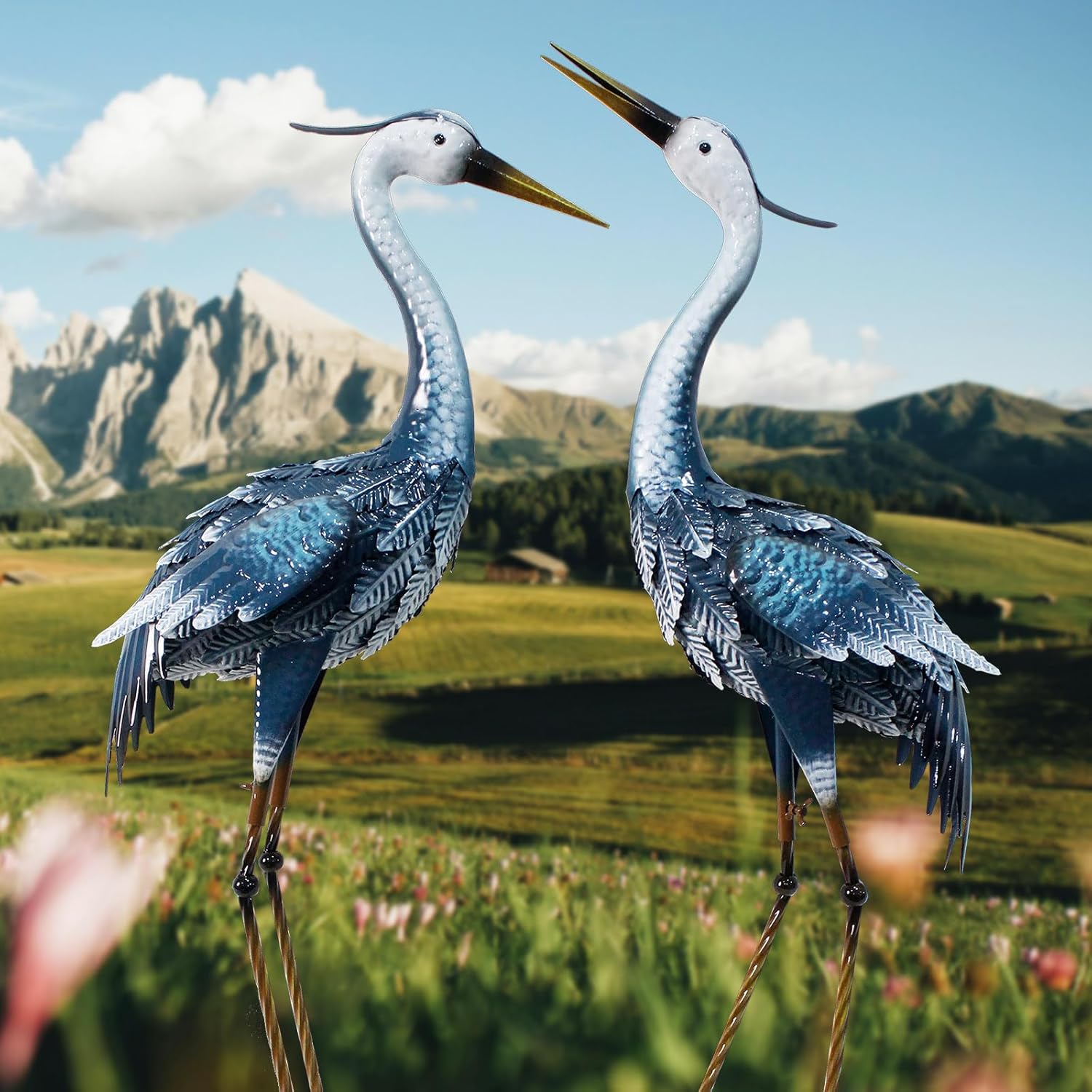 33-35 Inch Blue Heron Garden Statues, Metal Cranes Sculptures Outdoor,