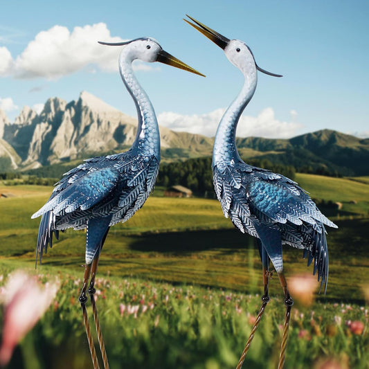 33-35 Inch Blue Heron Garden Statues, Metal Cranes Sculptures Outdoor,